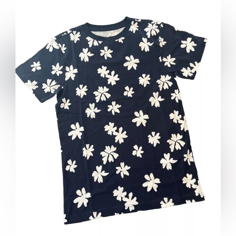 Crew Neck short sleeve XS T-Shirt NAVY with White flowers 100% Cotton